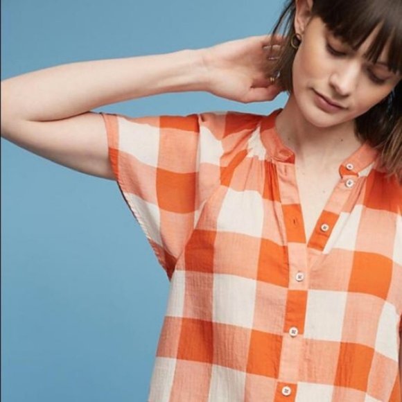 Maeve Anthropologie gingham 100% cotton orange white flutter short sleeve blouse - Picture 2 of 6